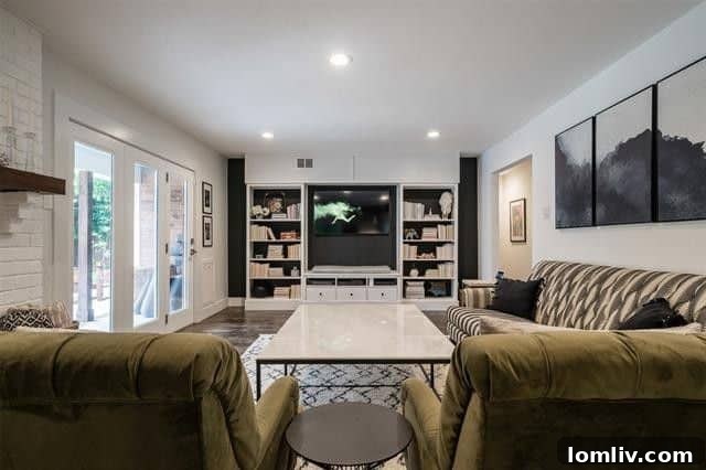 Spacious Open-Concept Living Area with Built-in Bookcases