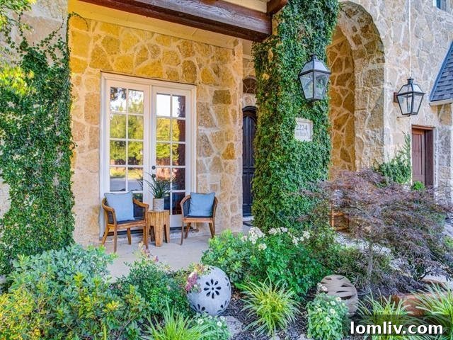 Elegant stone exterior with gas lanterns of the custom home in a gated community near Forest Hills