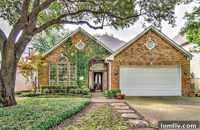 Charming front exterior of the 'Steal' property near Forest Hills, Dallas, with mature trees
