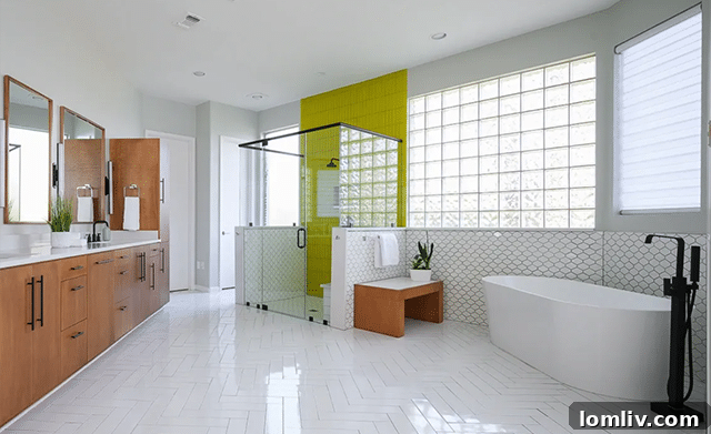 Light-filled master bath after renovation by Brittany Lyons Art and Interiors