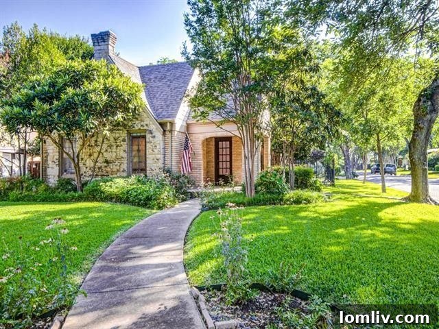 Charming Tudor home exterior with lush landscaping in Hollywood Heights, Dallas