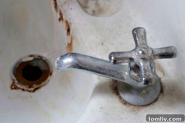 Mineral buildup on a bathroom faucet, a common hard water issue in Dallas-Fort Worth
