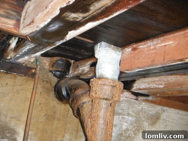 Severely corroded cast iron drain pipe in a crawl space, indicating immediate replacement needs