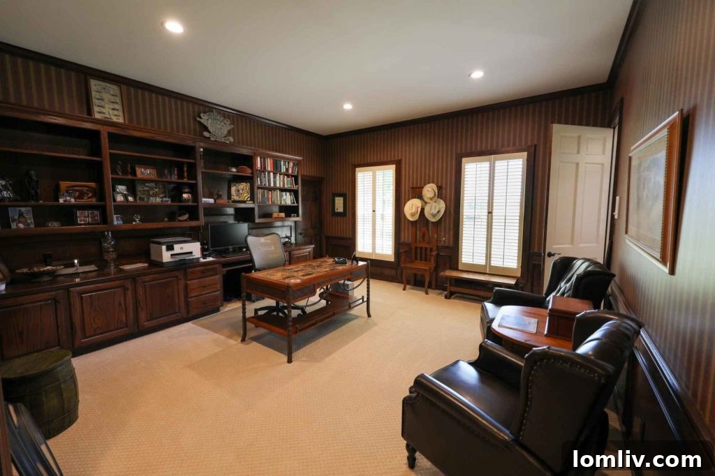 Dedicated home office space with ample shelving
