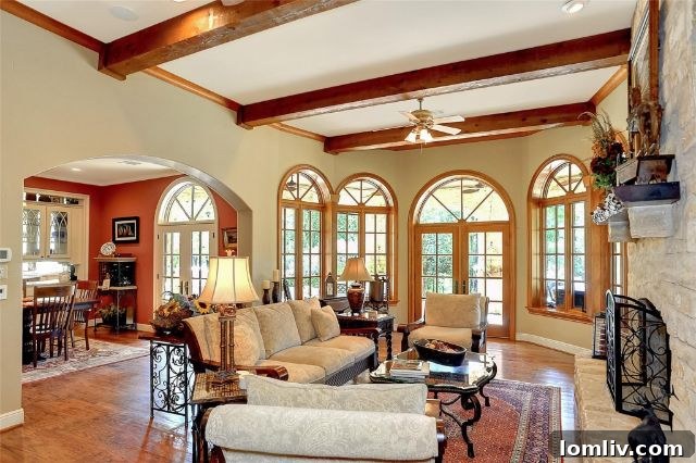 Elegant Living Room with Cedar Beams, Elm Hollow Court
