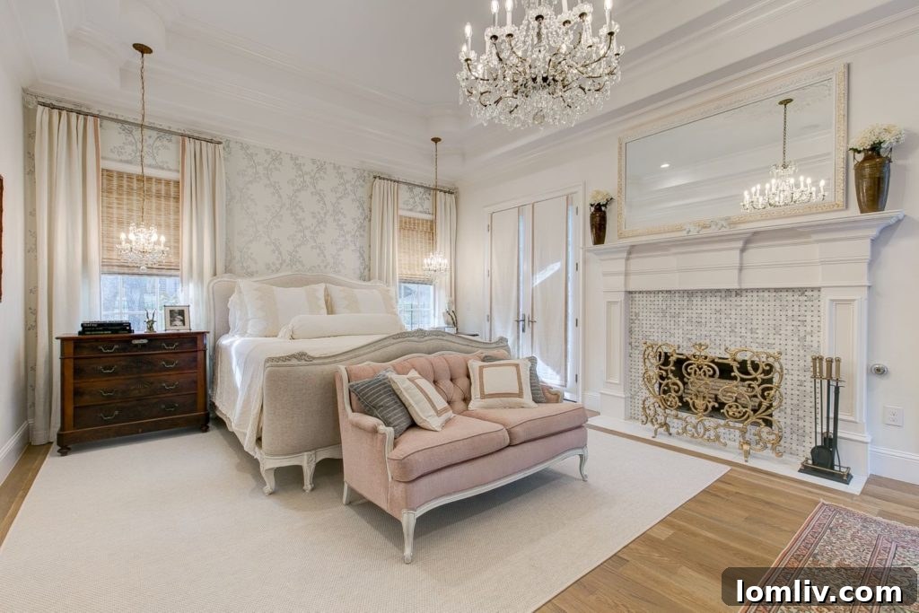 Luxurious master bedroom with fireplace and direct access to a private patio