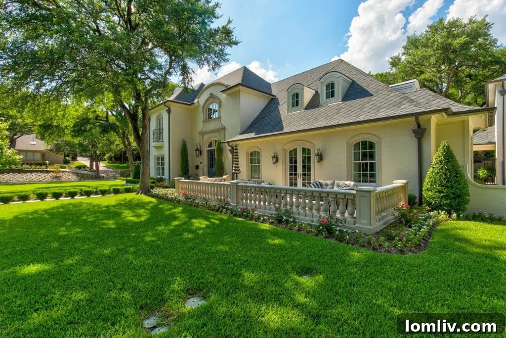 Grand entrance of a luxury French-style home with intricate cast stone details