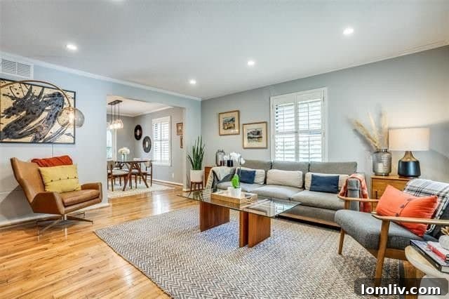 Stylish living room with updated fixtures in Dallas townhome
