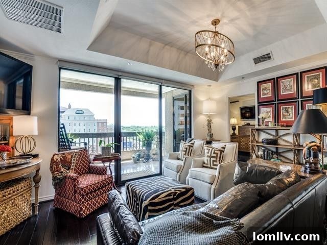Elegant living room with city views in a Dallas luxury condo
