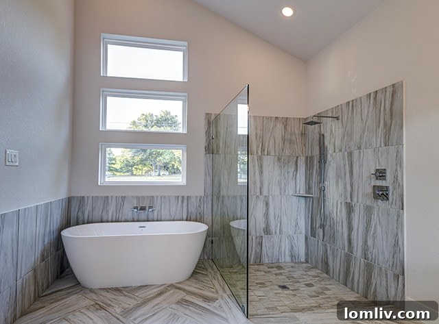 Scott Homebuilders Revitalizes Colleyville with Midcentury Modern Masterpieces 7 Modern Master Bathroom with Freestanding Tub and Oversize Shower