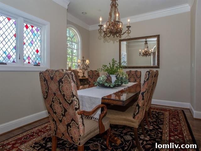 Elegant dining room with stained glass in a Fort Worth townhouse