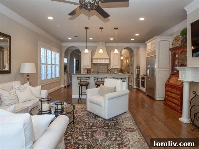 Living area fireplace with garden views in Fort Worth townhouse