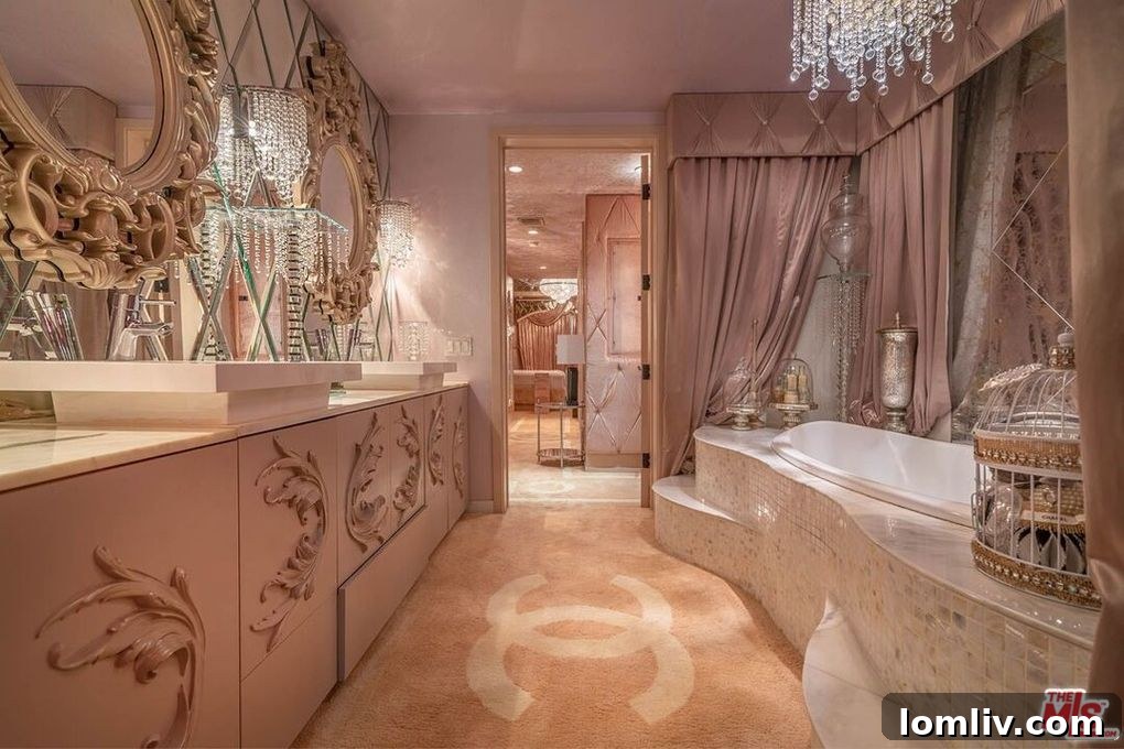 Master bathroom showcasing pink decor, elegant fixtures, and carpet
