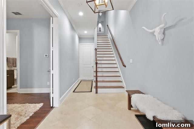Spacious living room in a modern Dallas townhome, featuring hardwood floors and an open concept design ideal for entertaining.