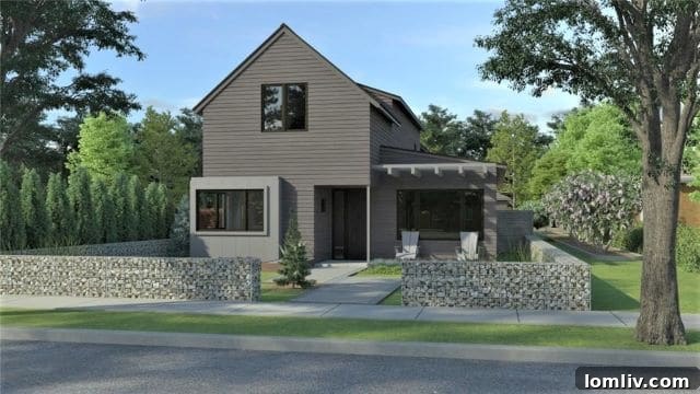 Unique gabion wall and modern exterior design at 8603 Forest Hills Blvd.