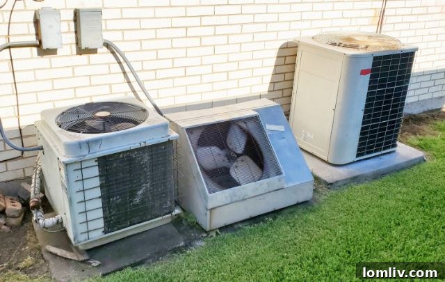 Multiple, mismatched outdoor air conditioning compressor units installed haphazardly near a building, indicating potential HVAC system inefficiencies.