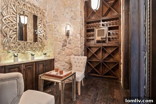 Elegant and well-stocked private wine cellar or tasting room.