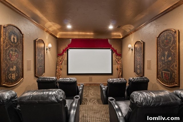 Private home theater with comfortable seating and large screen.