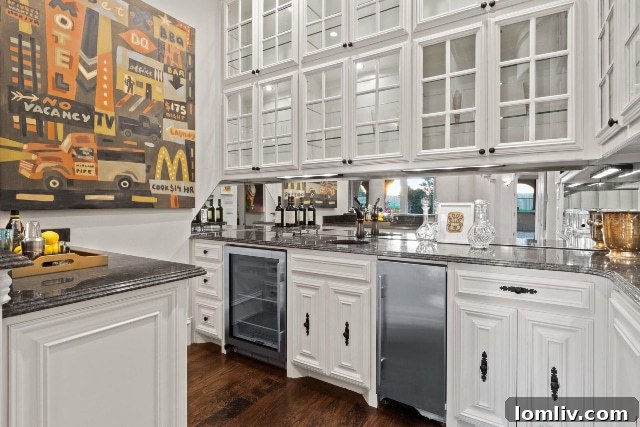 Luxurious home bar fully stocked with spirits and glassware.