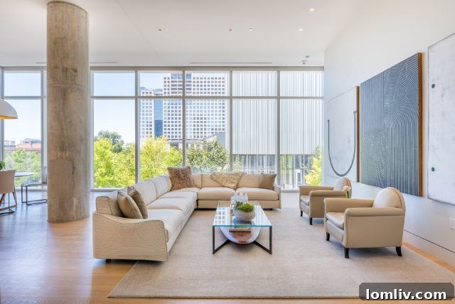 Luxurious living room in Residence 201 at HALL Arts Residences, designed by Scott + Cooner, featuring sophisticated modern furnishings.