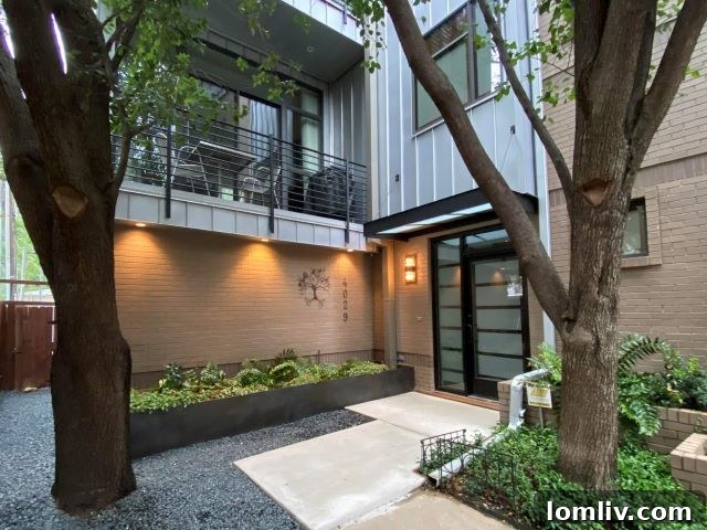 Elegant entrance with modern cement pads and black landscape stone