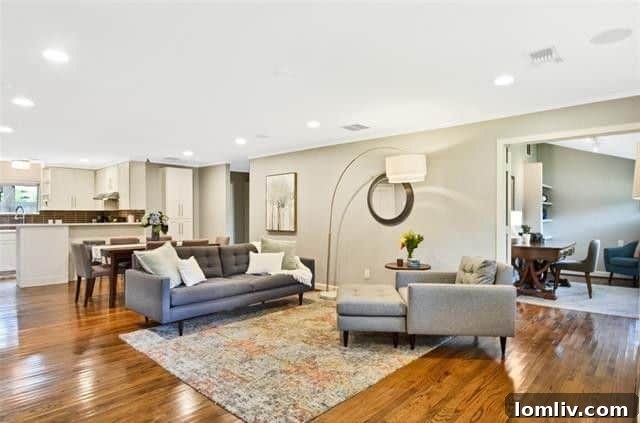 Bright and airy living area with stunning wood floors and large windows, filling the space with natural light