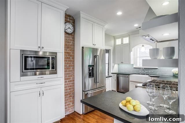 Exposed brick chimney in the kitchen area