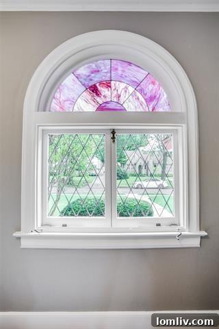 Interior shot showing purple transom windows