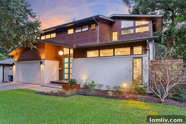 Where Midcentury Modernism Meets Treehouse Wonder 2 A stunning modern midcentury home exterior, blending seamlessly with its natural surroundings, featuring large windows and lush greenery.