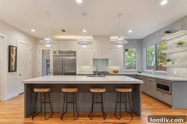 Where Midcentury Modernism Meets Treehouse Wonder 11 Another perspective of the kitchen, highlighting its spaciousness and functional design for both cooking and entertaining.