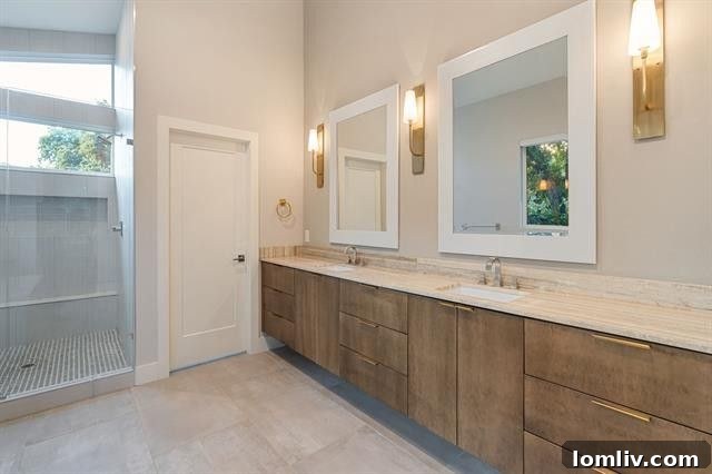Where Midcentury Modernism Meets Treehouse Wonder 13 Modern bathroom with clean lines, high-quality finishes, and abundant natural light, providing a spa-like experience.