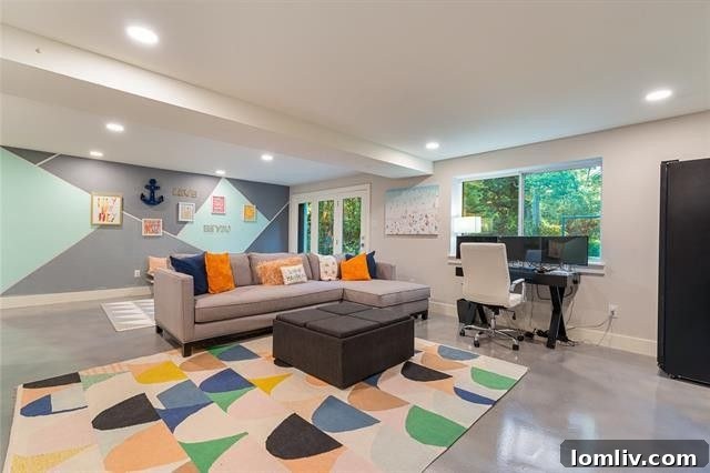 Where Midcentury Modernism Meets Treehouse Wonder 18 The basement's recreational zone, complete with a mini-kitchenette, offering convenience and entertainment options.