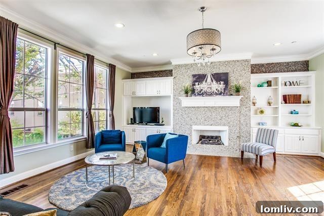 Spacious, light-filled living room with built-ins and fireplace in Travis Street townhome