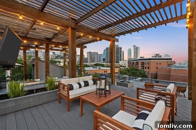 Stunning nighttime panorama of the Dallas skyline from a private rooftop deck.