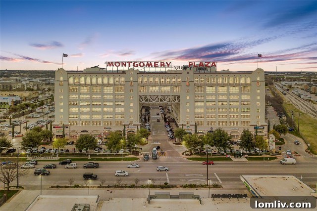 Iconic Montgomery Plaza building standing tall in Fort Worth's vibrant West 7th district