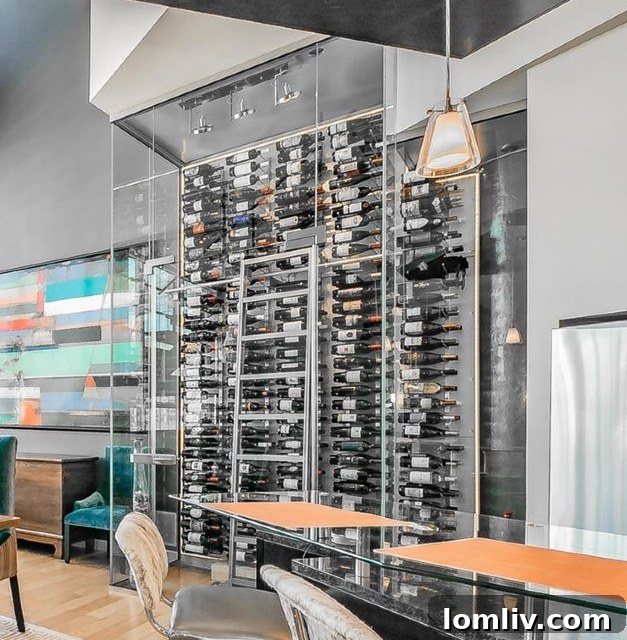 Temperature-controlled glass wine wall showcasing an extensive collection of over 500 bottles