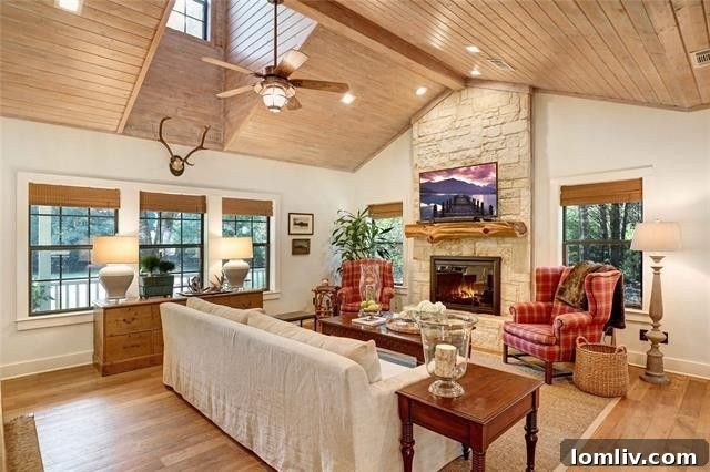 Spacious Living Area with Wood-Burning Fireplace and Vaulted Ceilings