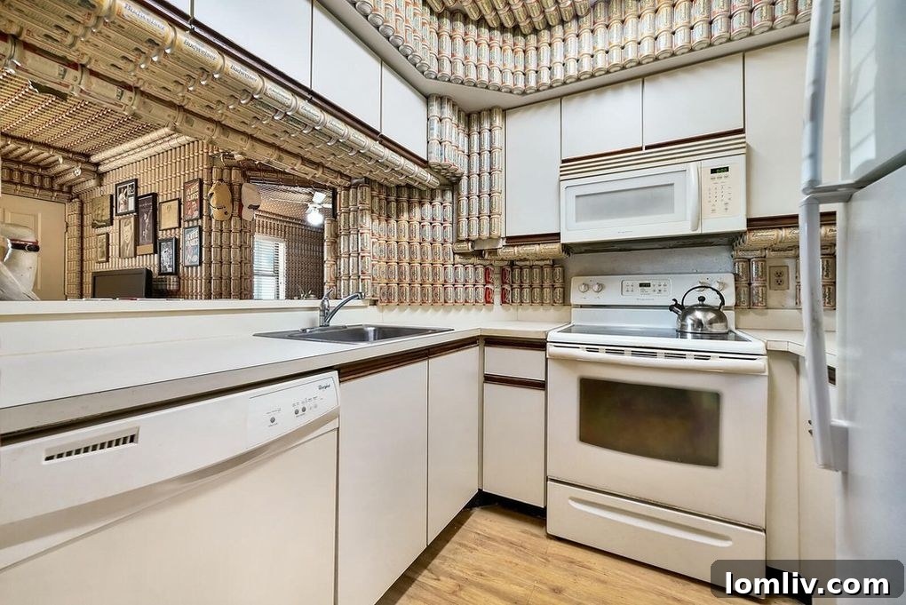Kitchen walls and surfaces decorated with Budweiser beer cans