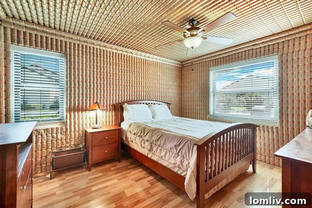 Bedroom walls and ceiling decorated with Budweiser beer cans for a unique sleeping environment