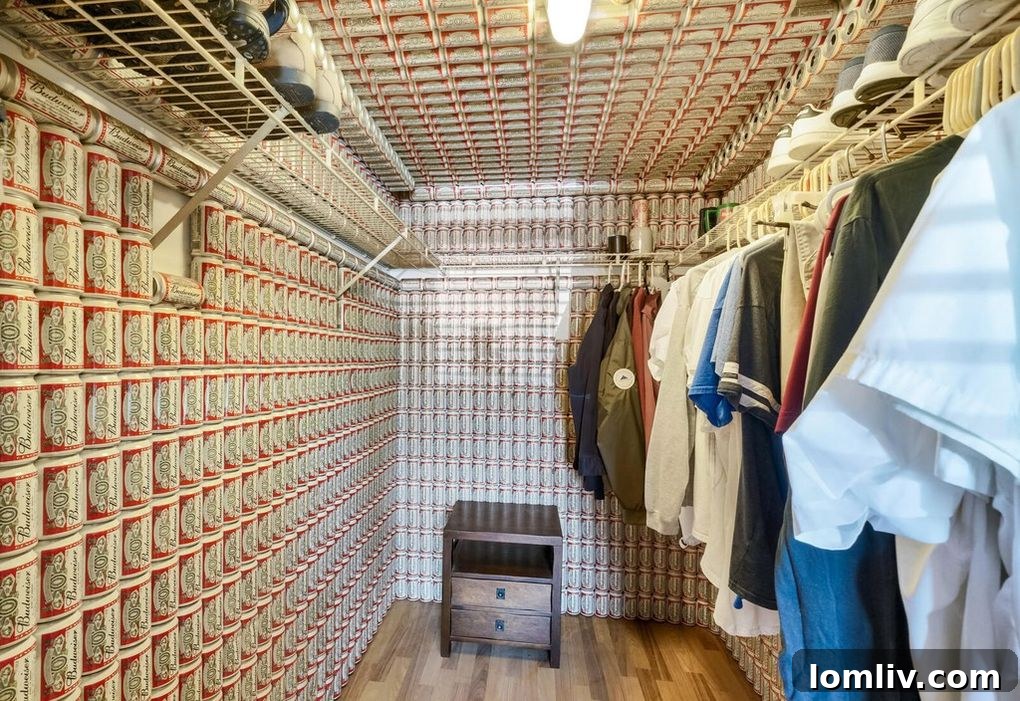 Dressing area or walk-in closet with Budweiser beer can wall decor