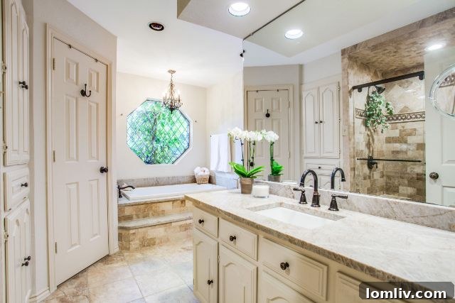 Luxurious primary bathroom with dual vanities and a garden tub at 7940 Abramshire Ave.
