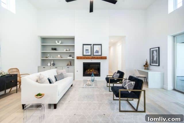 Interior shot of a living room in an ICF home, featuring high ceilings, natural light, and modern furnishings