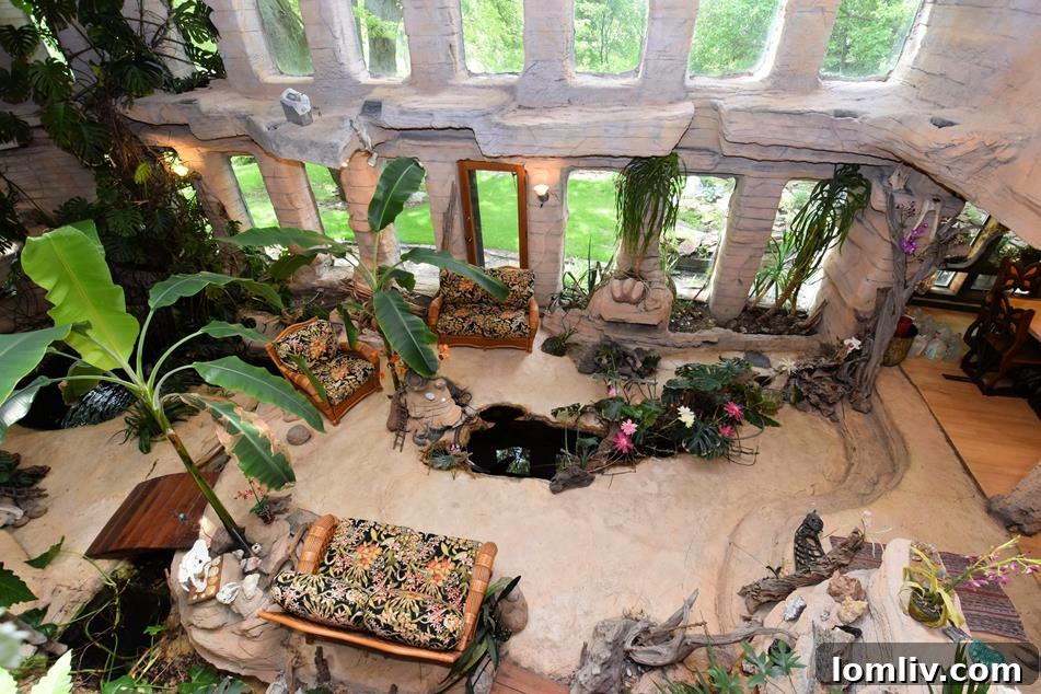 The unique, rock-themed atrium interior with a seating area