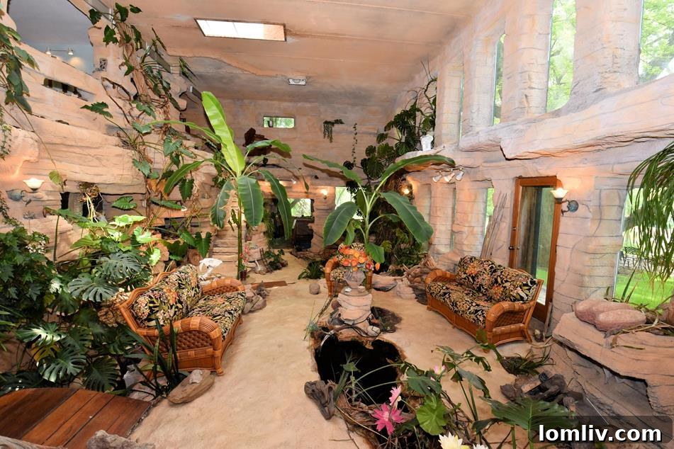 Close-up of the naturalistic rock details within the home's interior