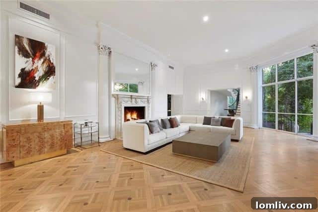 Modern living area with fireplace and large windows