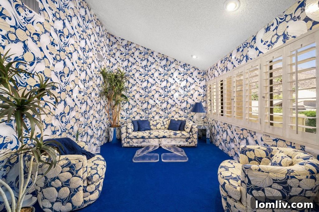 Another view of the principal bedroom's extensively wallpapered interior