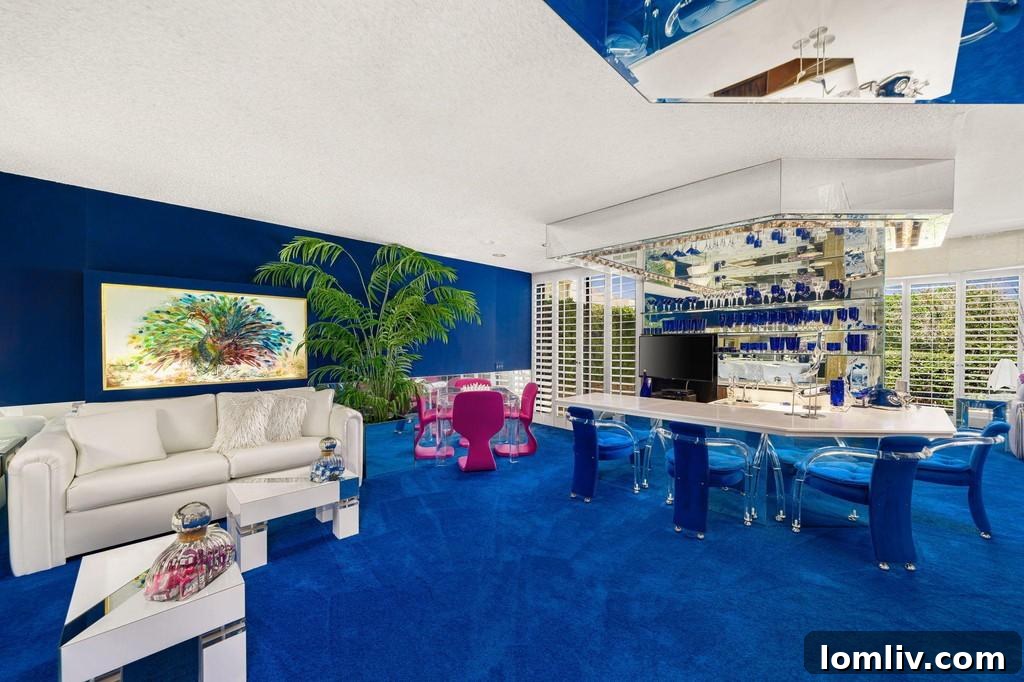 Another perspective of the 1970s living room with unique wallpaper