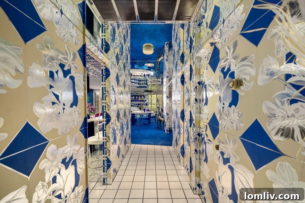 Close-up of the entryway's wallpaper, showing its repeating pattern