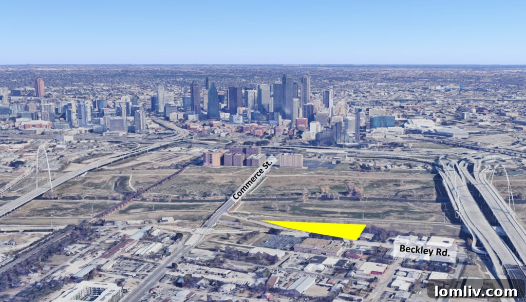 Stunning view of the Dallas skyline with the Trinity River in the foreground, highlighting areas of proposed development.