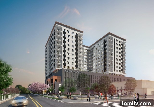 Facade of Mill Creek's Modera Katy Trail apartment complex, showcasing typical architectural style and materials.